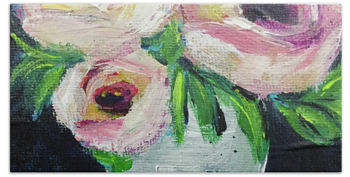 Roses Bath Towel featuring the painting White Roses in a White Vase by Roxy Rich