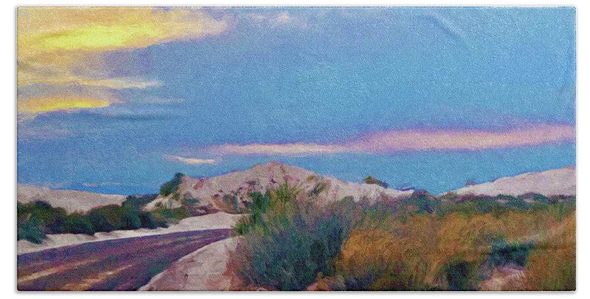 White Sands Hand Towel featuring the digital art White Sands New Mexico at Dusk Painting by Tatiana Travelways