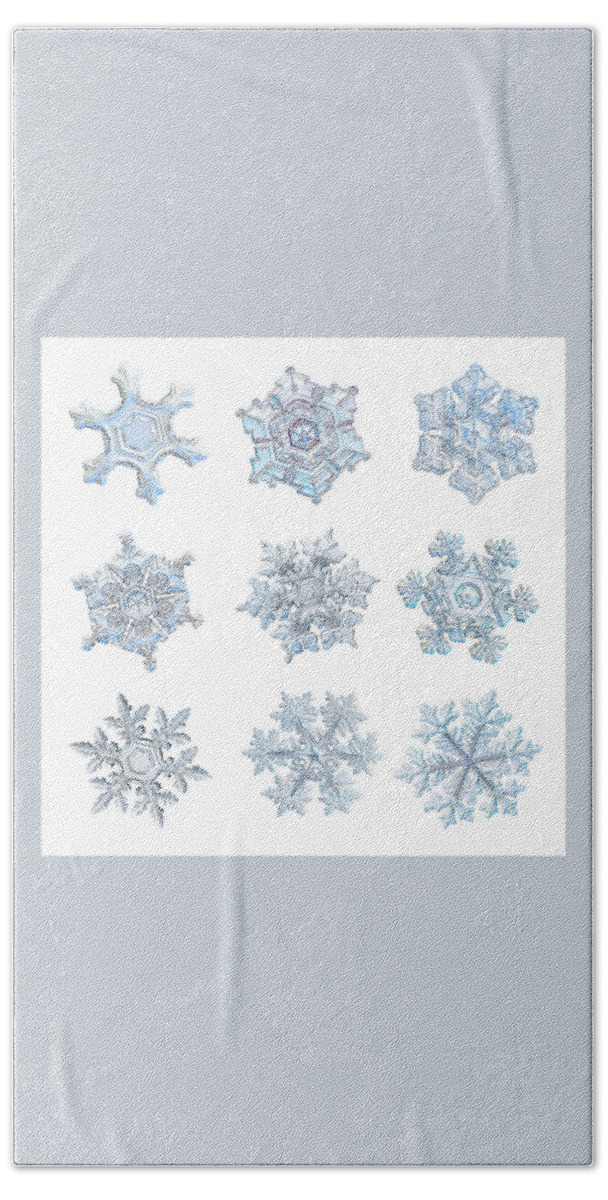 Snowflake Bath Towel featuring the photograph White snowflake collage - 2021-11-08 by Alexey Kljatov
