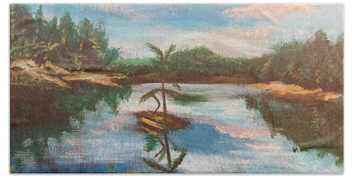 Acrylic Bath Towel featuring the painting Whitefish River-Manitoulin Island-plein air by Monika Shepherdson