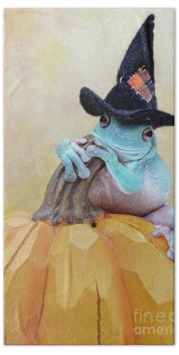 Frog Hand Towel featuring the photograph White's Tree Frog Halloween by Linda D Lester