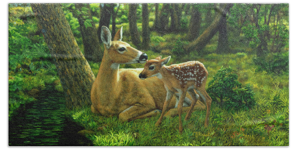 Deer Bath Towel featuring the painting Whitetail Deer - First Spring by Crista Forest