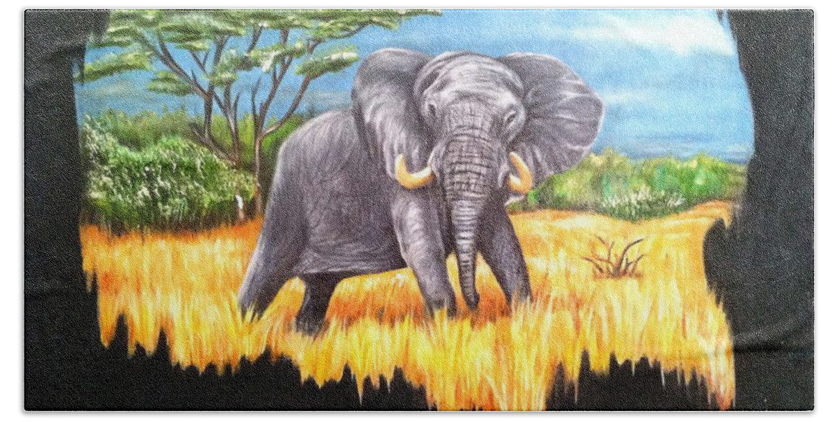 Elephant In It's Habitat Being Watched From A Distance Bath Towel featuring the painting Who's Watching Who? by Ruben Archuleta - Art Gallery