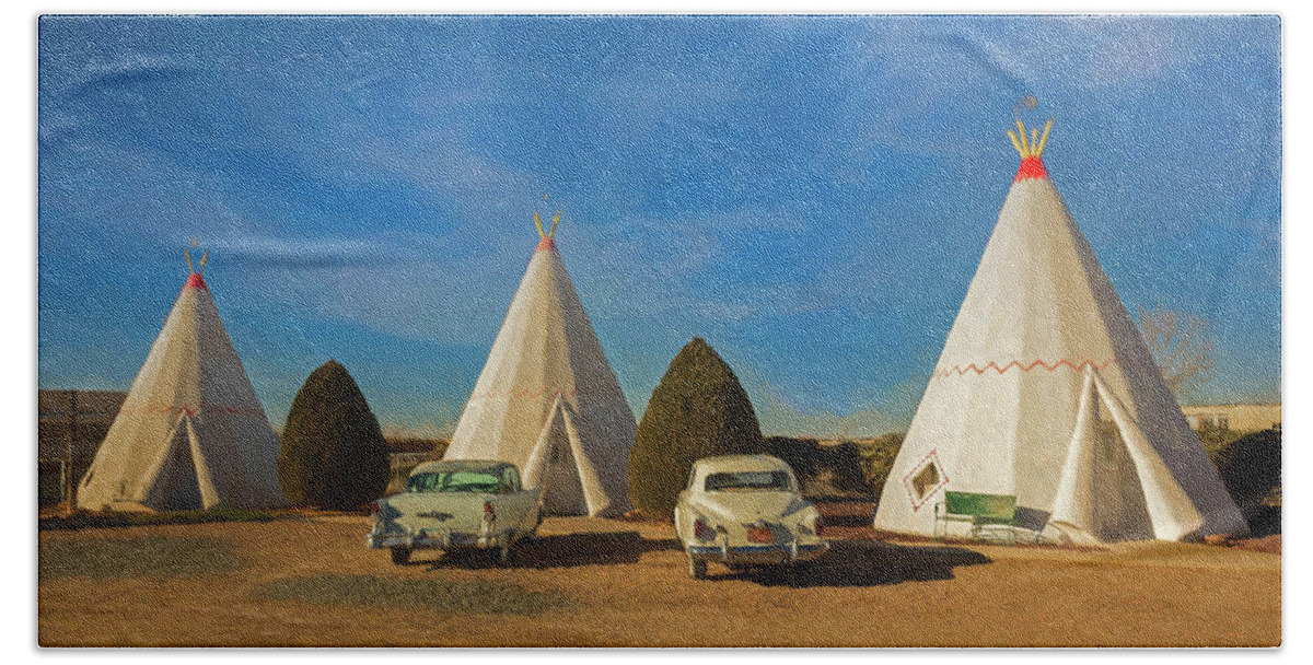 © 2015 Lou Novick All Rights Reserved Hand Towel featuring the digital art Wigwam Hotel #6 by Lou Novick