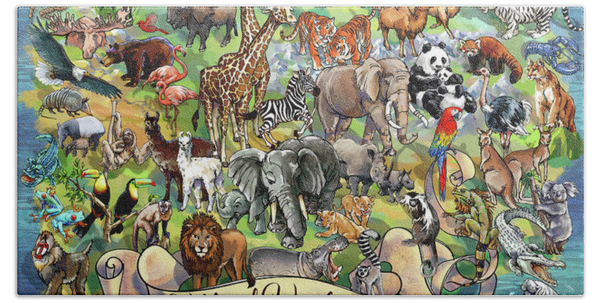 Illustration Hand Towel featuring the digital art Wild and Wonderful Animals of the World by Maria Rabinky