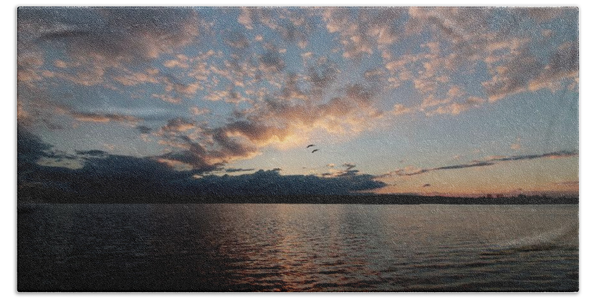 Sunset Bath Towel featuring the photograph Wild Geese Flying by Mary Walchuck