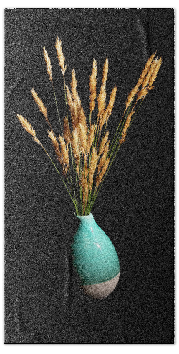Grass Hand Towel featuring the photograph Wild Grasses in Teal Ceramic Vase by Charles Floyd
