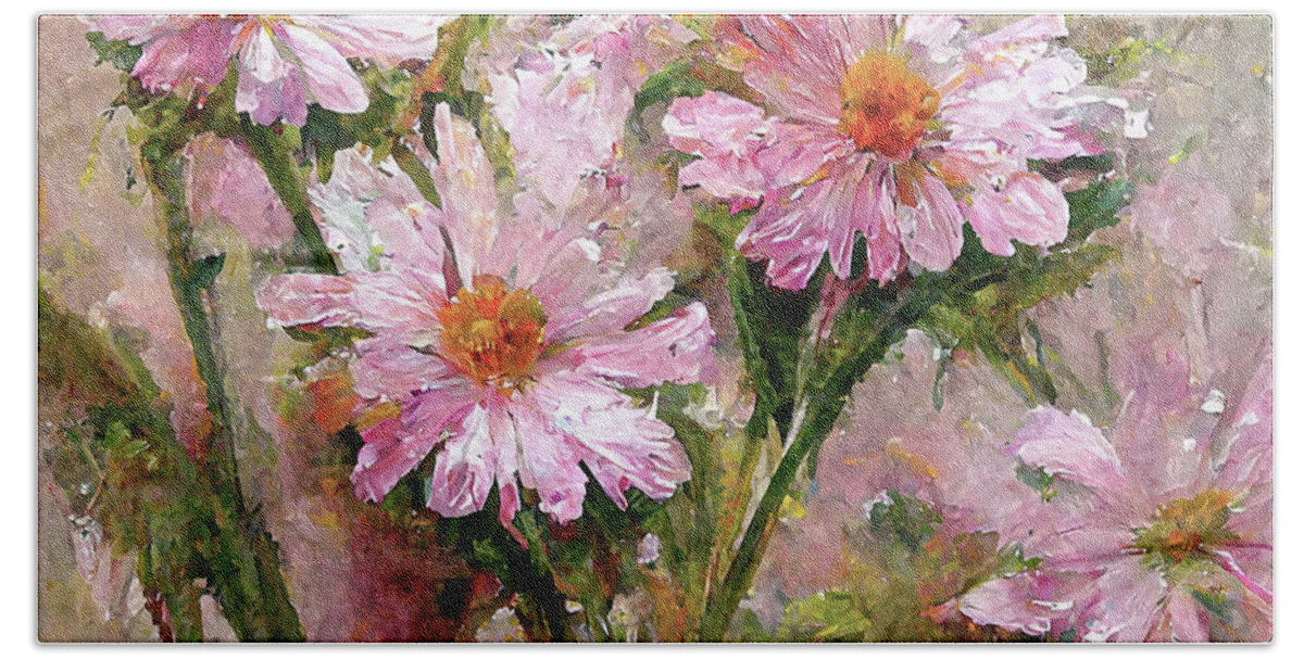 Pink Daisy Bath Towel featuring the painting Wild Pink Daisies by Tina LeCour