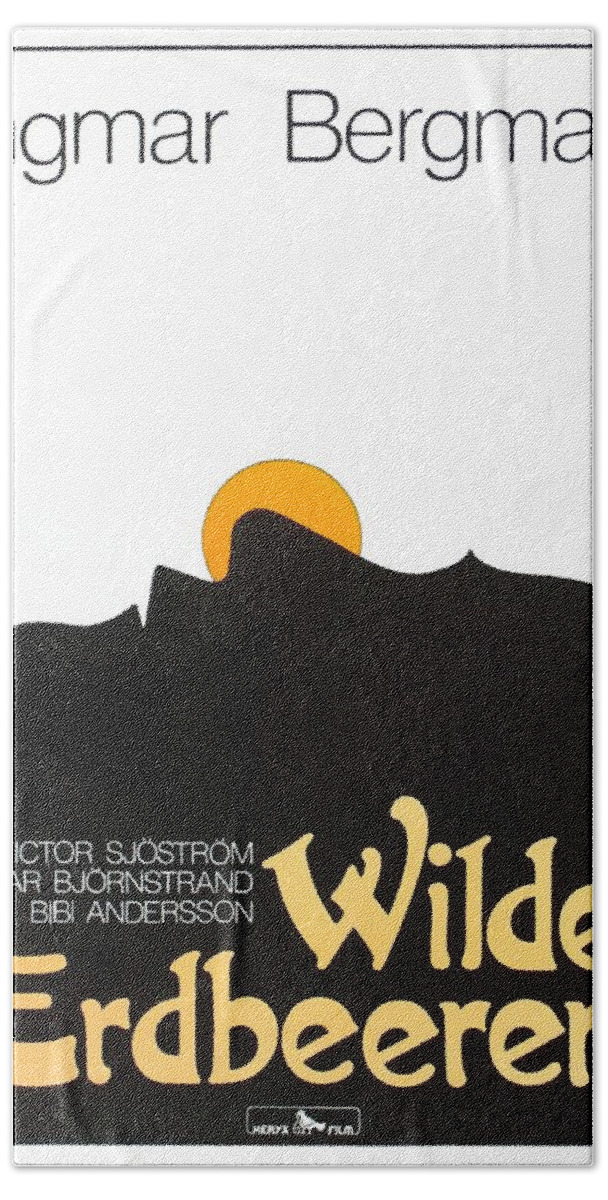 Synopsis Hand Towel featuring the mixed media ''Wild Strawberries'', 1957 by Movie World Posters