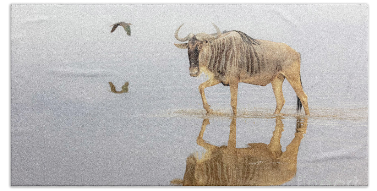 Wildebeest Hand Towel featuring the photograph Wildebeest Reflection #2 by Linda D Lester