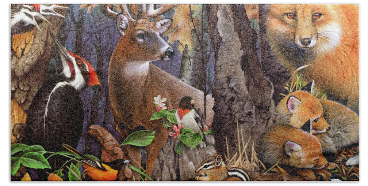Jerry Gadamus Bath Towel featuring the painting Wildlife Woodland Collage by Jerry Gadamus