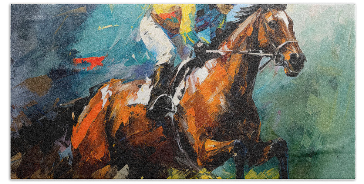 Horse Racing Bath Towel featuring the painting Will To Win - Horse Racing Art - Will Power by Lourry Legarde