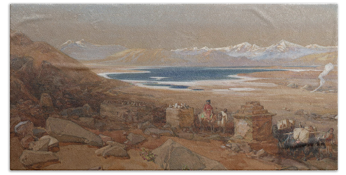 William Simpson R.i. Bath Towel featuring the painting William Simpson R.I.The Salt Lake, Tibet by Artistic Rifki