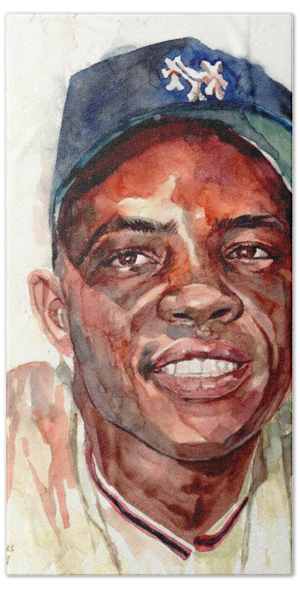Willie Mays Hand Towel featuring the painting Willie Mays Portrait by Suzann Sines
