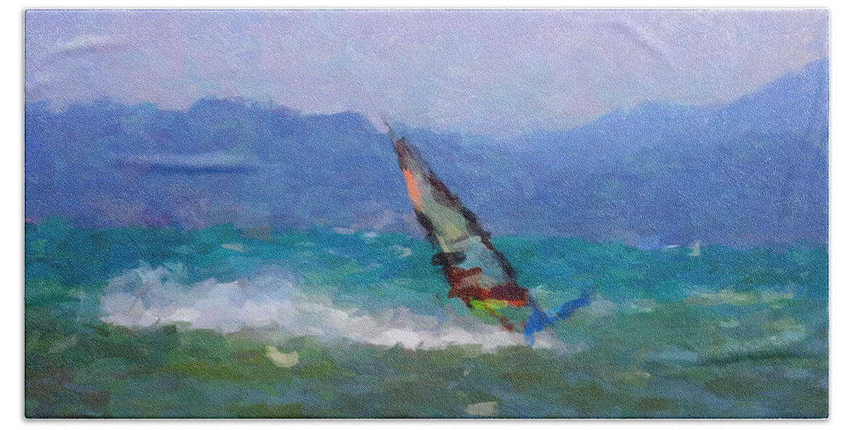 Surfing Hand Towel featuring the painting Wind Rider by Trask Ferrero