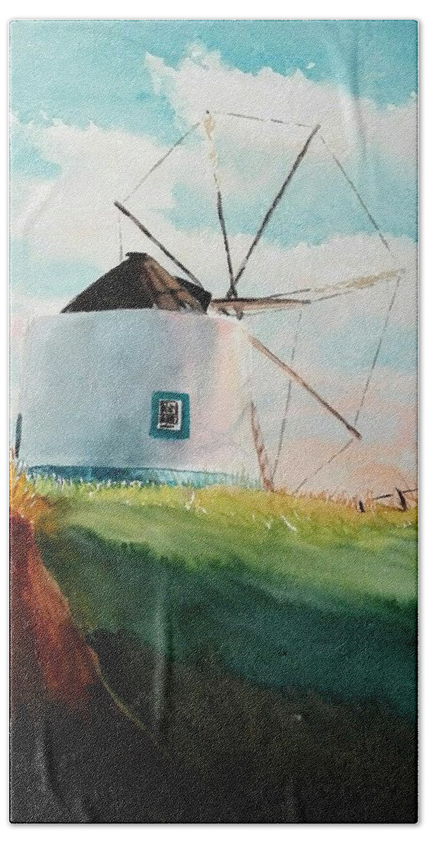 Windmill Bath Towel featuring the painting Windmill Odeceixe by Sandie Croft