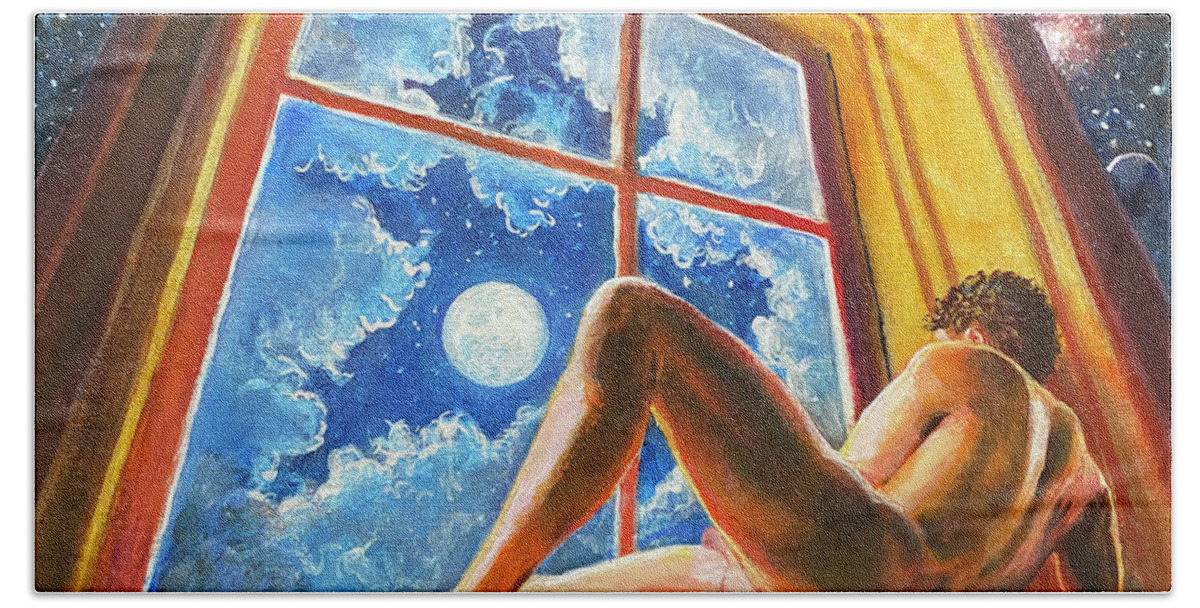 Male Nude Bath Towel featuring the painting Window of Dreams by Marc DeBauch