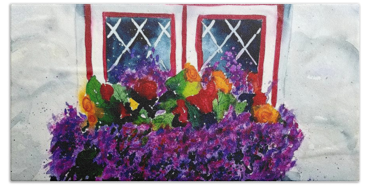 Flowers Hand Towel featuring the painting Window Treatment by Ann Frederick