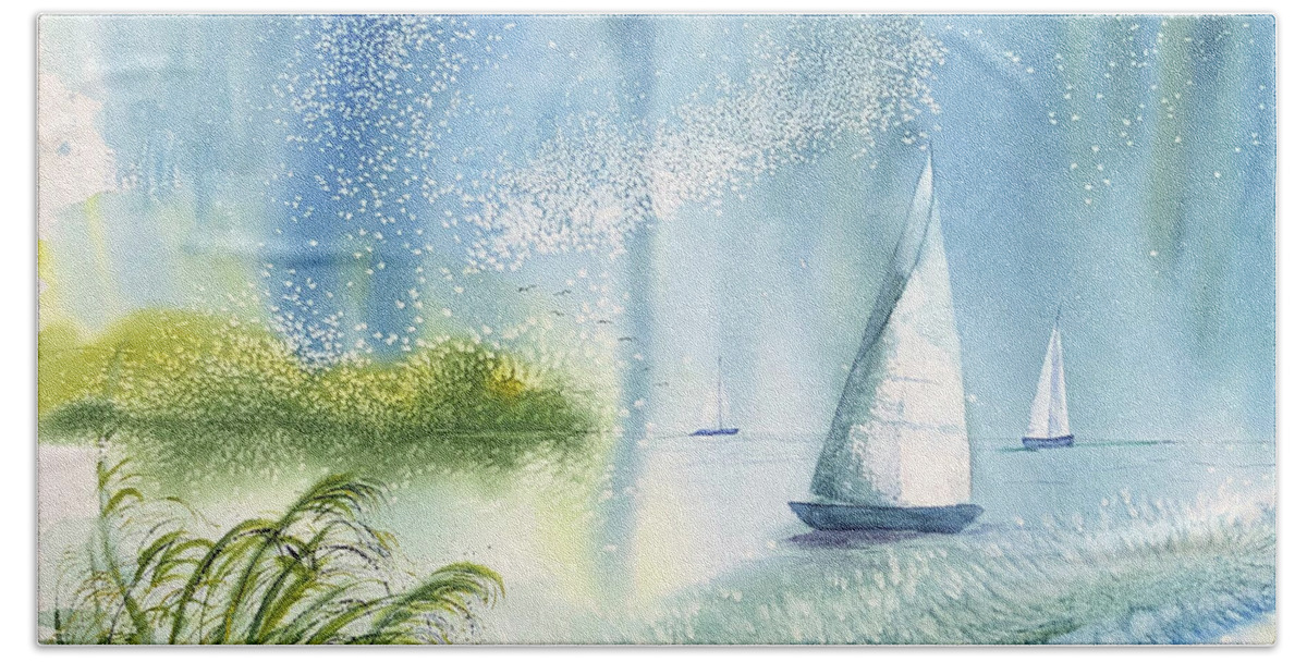Seascape Hand Towel featuring the painting Seascape -- Winds Up, Let's Sail by Catherine Ludwig Donleycott
