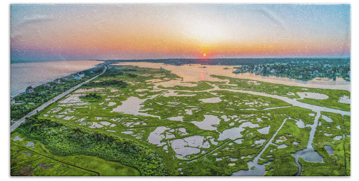Winnapaug Hand Towel featuring the photograph Winnapaug Pond Panoramic View by Veterans Aerial Media LLC