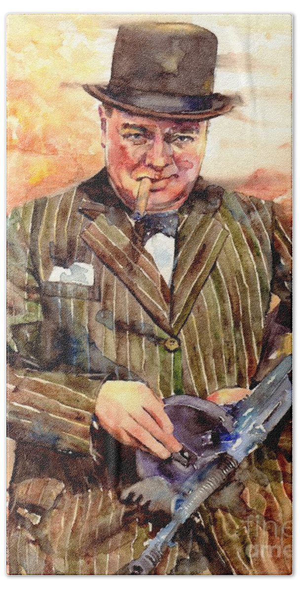 Winston Churchill Hand Towel featuring the painting Winston Churchill With A Tommy Gun by Suzann Sines
