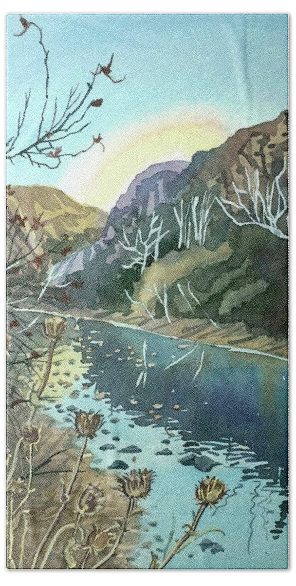 Watercolor Hand Towel featuring the painting Winter Afternoon Malibu Canyon by Luisa Millicent