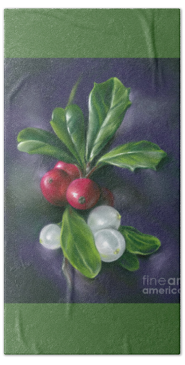 Botanical Hand Towel featuring the painting Winter Berries Holly and Mistletoe by MM Anderson