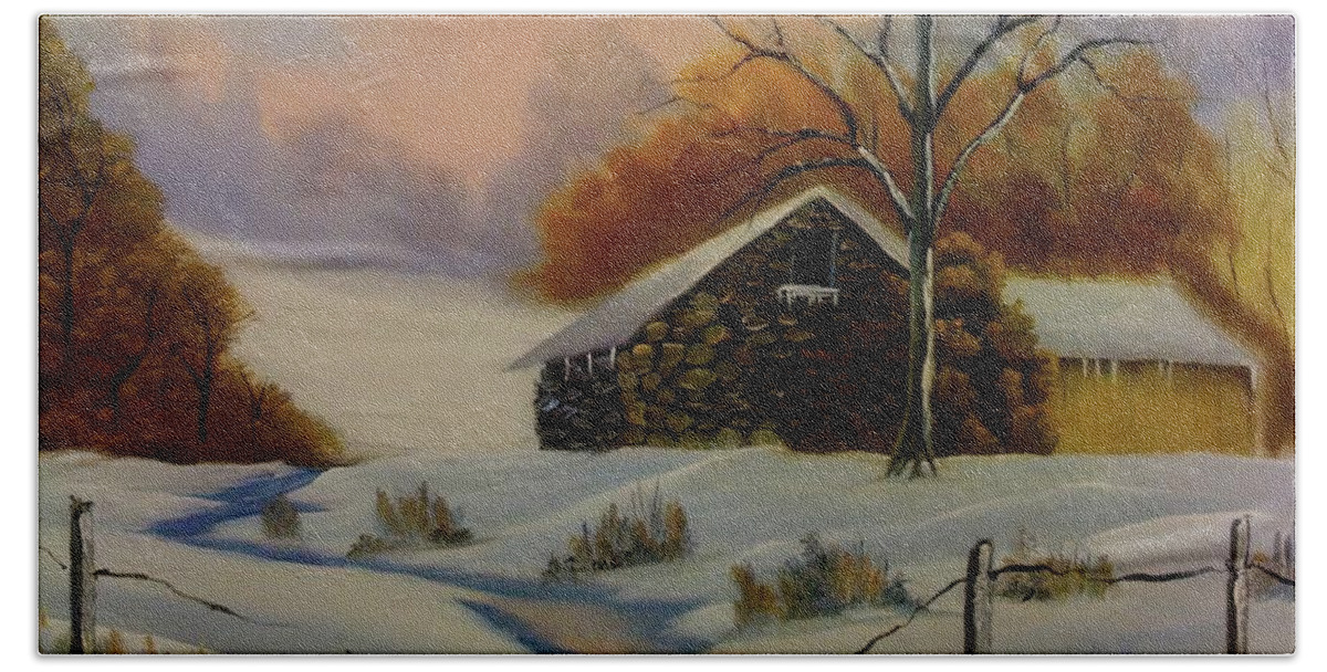 Winter Landscape Winter Cabin Winter Scene Winter Oil Painting Winter Snow Winter's Wonders Hand Towel featuring the painting Winter Cabin by Ruben Carrillo