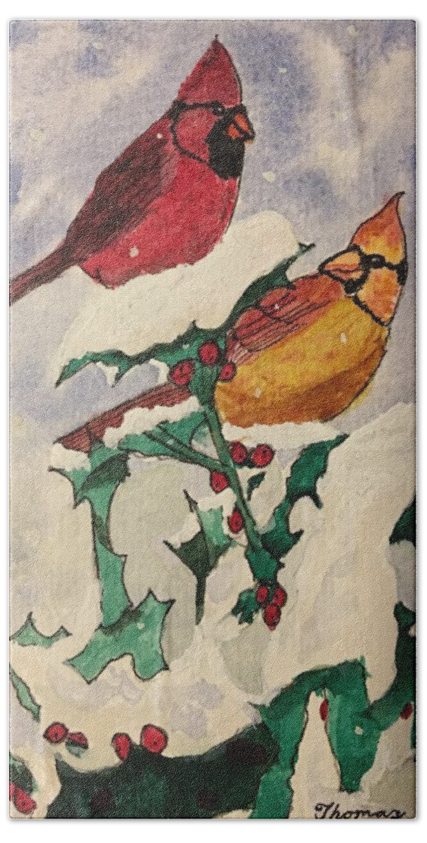 Watercolor Hand Towel featuring the painting Winter Cardinals by Thomas Janos