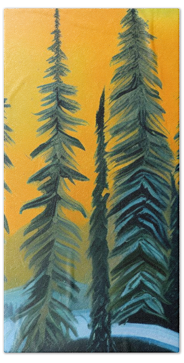 Evergreens Bath Towel featuring the painting Winter Evergreens at Daybreak by Bonnie Bruno