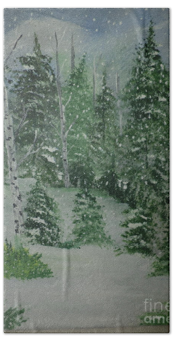 Landscape Hand Towel featuring the painting Winter In The Pines Painting # 59 by Donald Northup
