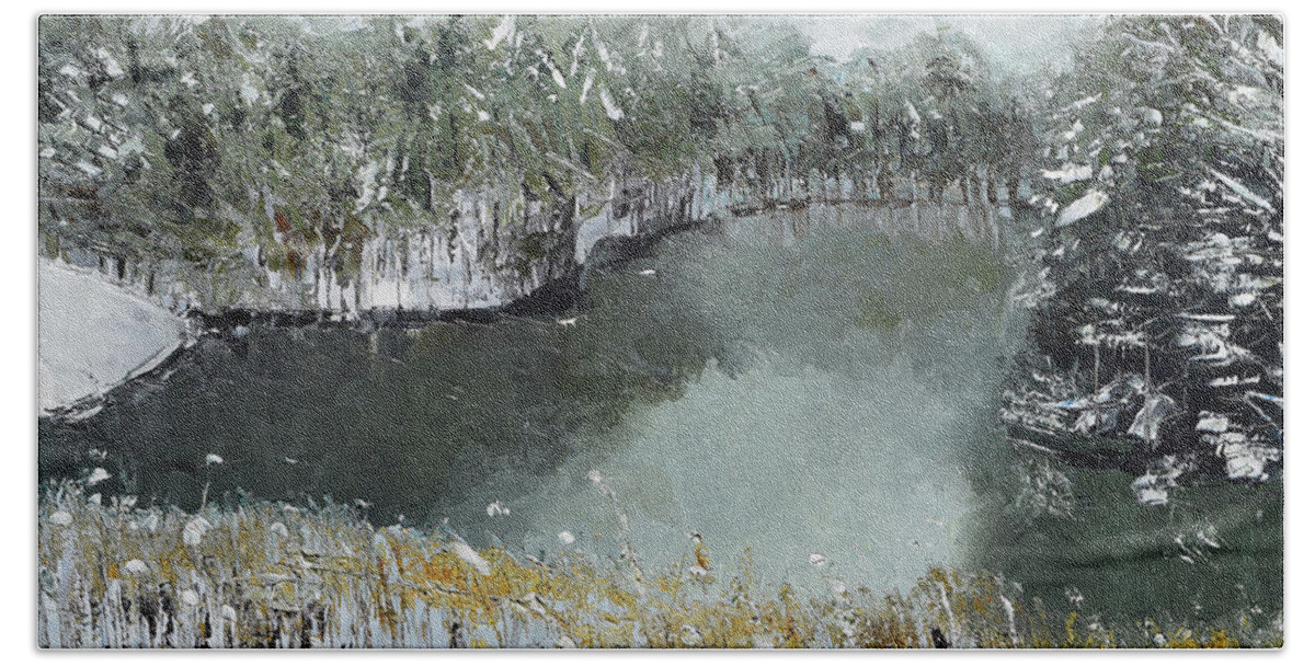 Davenport Lake Bath Towel featuring the painting Winter on Lake Davenport- Ellijay by Jan Dappen