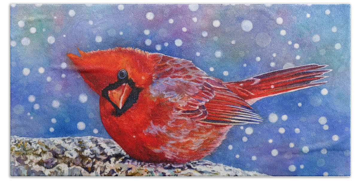 Red Cardinal Hand Towel featuring the painting Winter Quietude by Hailey E Herrera