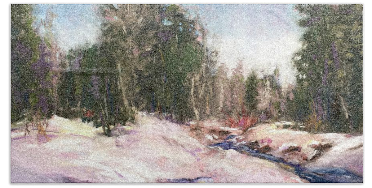 Snowy Scene Bath Towel featuring the pastel Winter Reverie by Sandra Lee Scott