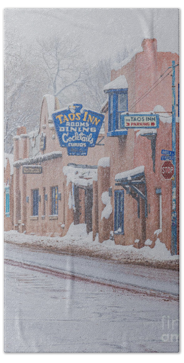 Taos Bath Towel featuring the photograph Winter Scene Downtown Taos by Elijah Rael