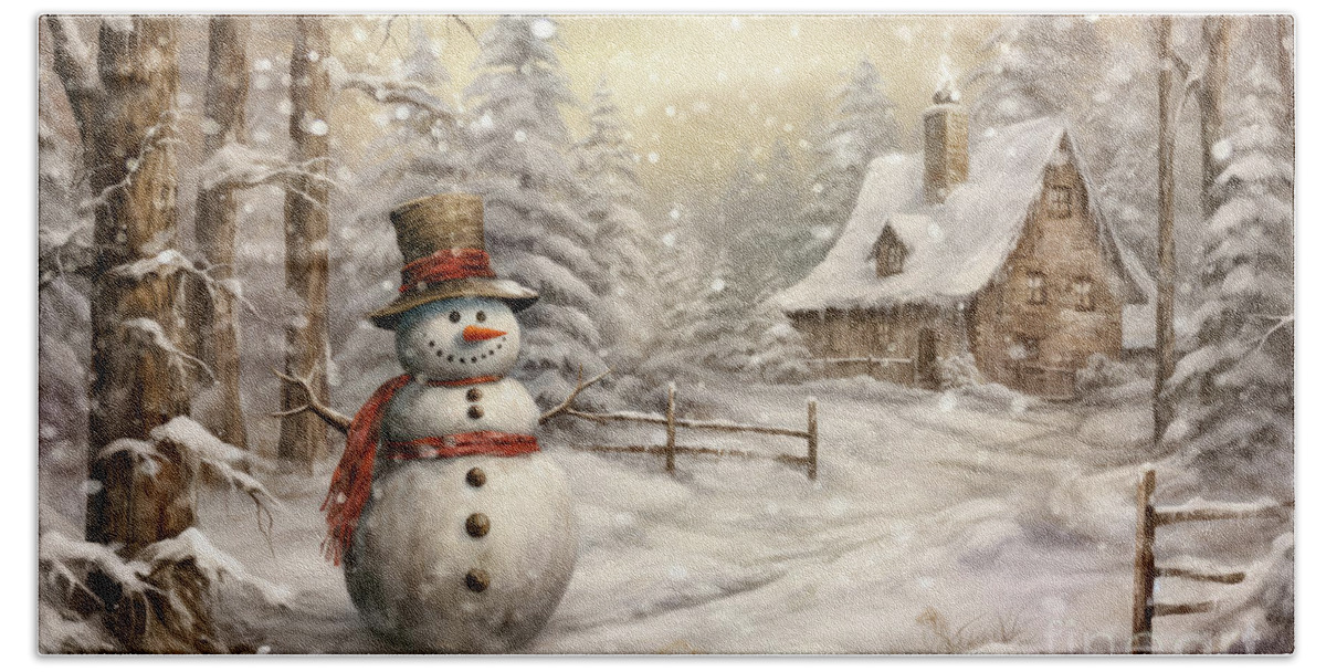 Winter Landscape Hand Towel featuring the painting Winter Snowman by Tina LeCour
