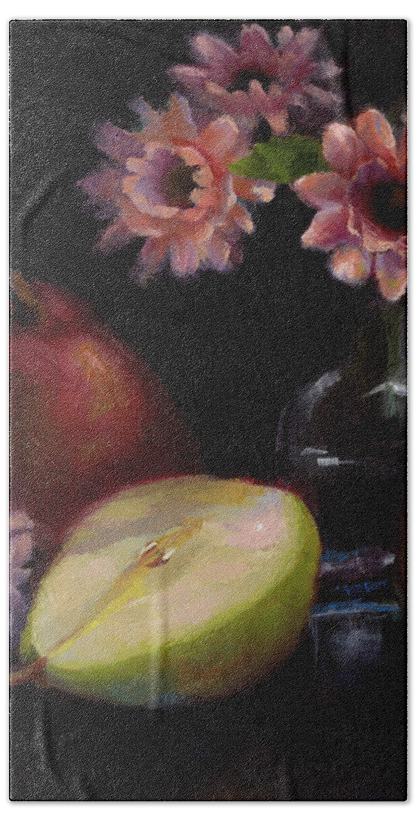 Pink Bath Towel featuring the painting Winter Solstice - still life with pears by Talya Johnson