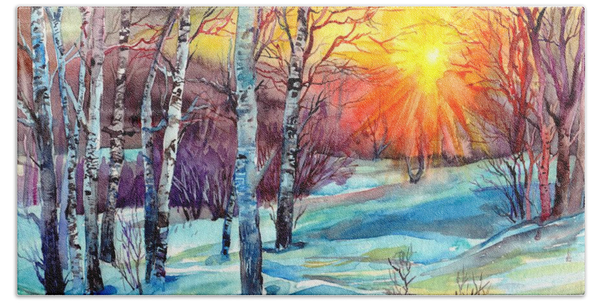 Winter Sun Hand Towel featuring the painting Winter Sun by Suzann Sines