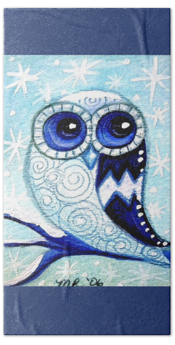 Whimsical Bath Towel featuring the painting Winter Whimsical Owl by Monica Resinger
