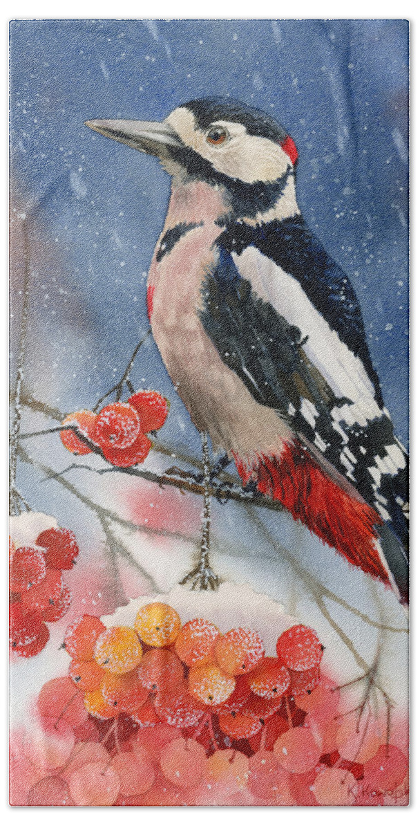 Bird Bath Towel featuring the painting Winter Woodpecker by Espero Art