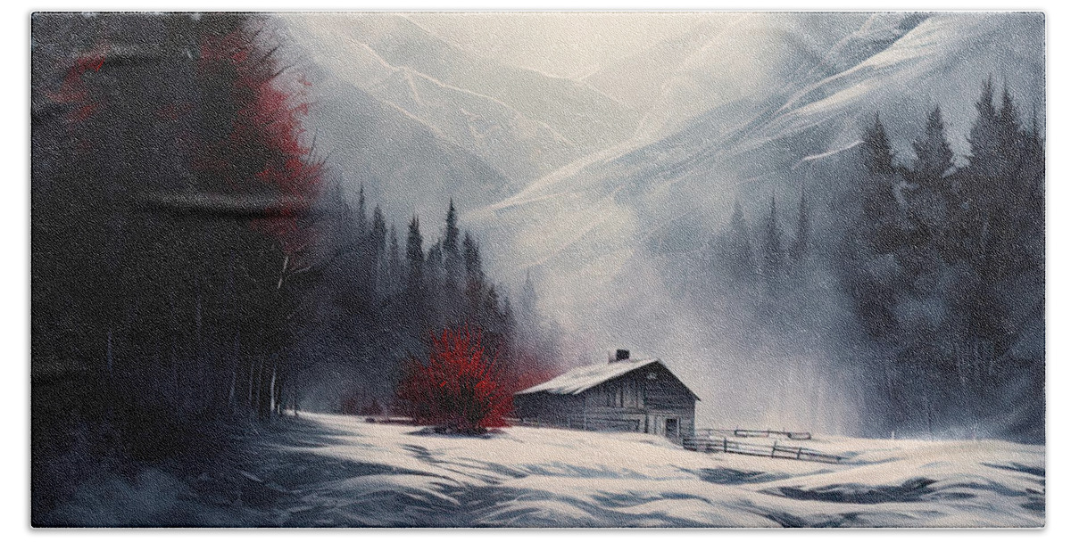 Red And Gray Art Hand Towel featuring the digital art Winter's Kiss - Red and Gray Landscapes by Lourry Legarde