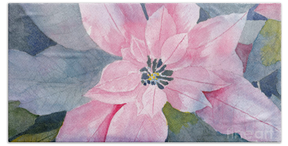 Poinsettia Bath Towel featuring the painting WIP Poinsettia Watercolor Negative Painting by Conni Schaftenaar