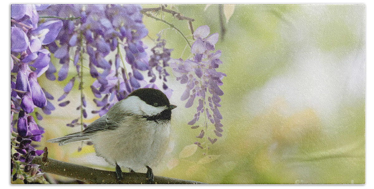 Willow Tit Hand Towel featuring the mixed media Wisteria and Willow Tit by Morag Bates