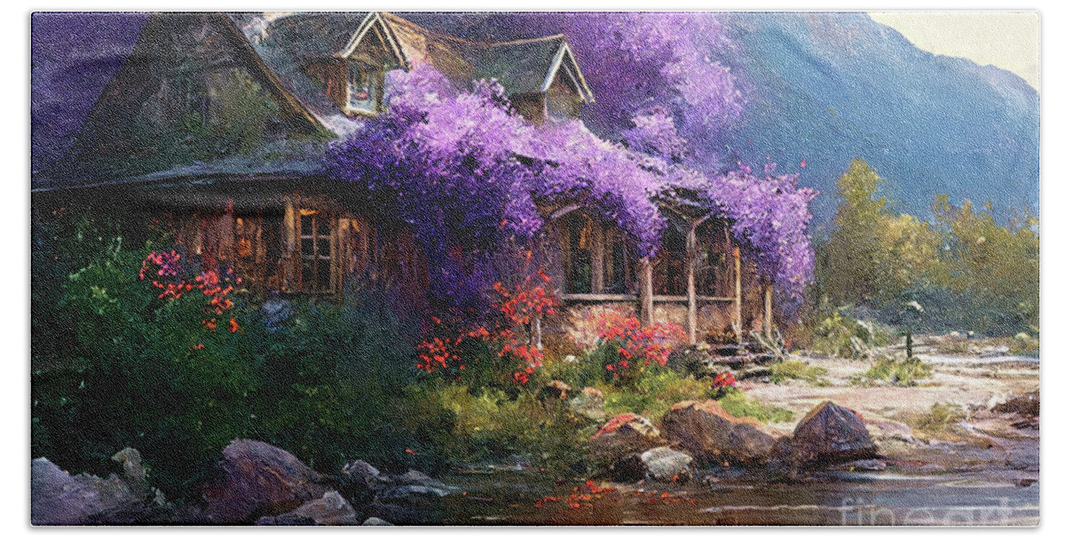 Ranch House Hand Towel featuring the painting Wisteria Daydream by Tina LeCour