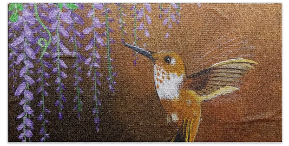 Humming Birds Bath Towel featuring the painting Wisteria Humming by Jimmy Chuck Smith