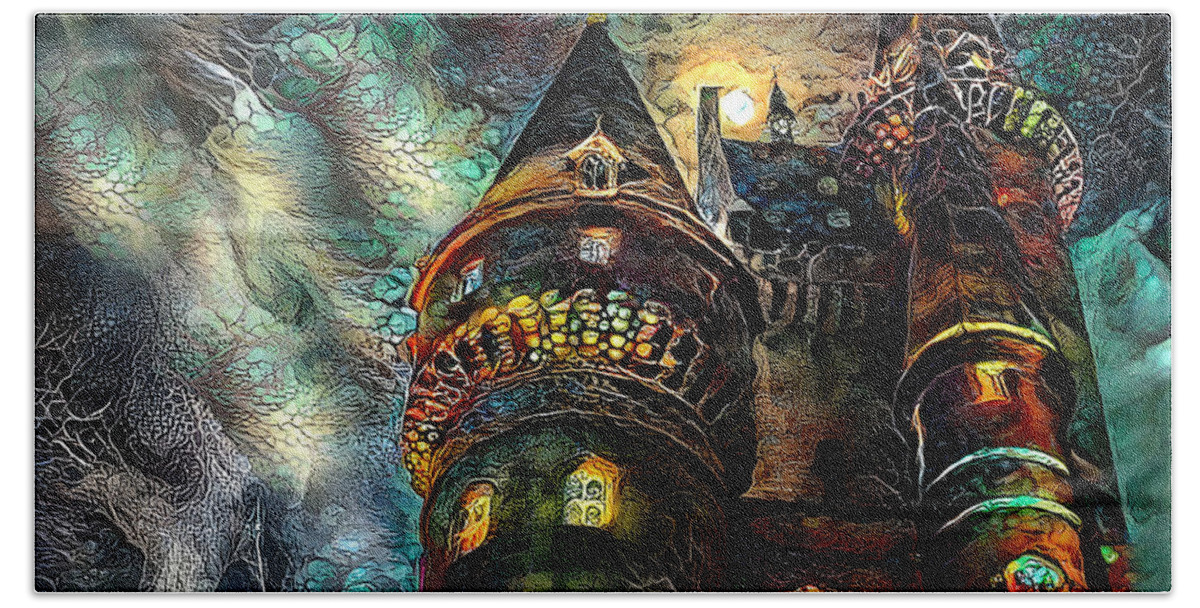 Castle Bath Towel featuring the mixed media Witchy Castle by Debra Kewley