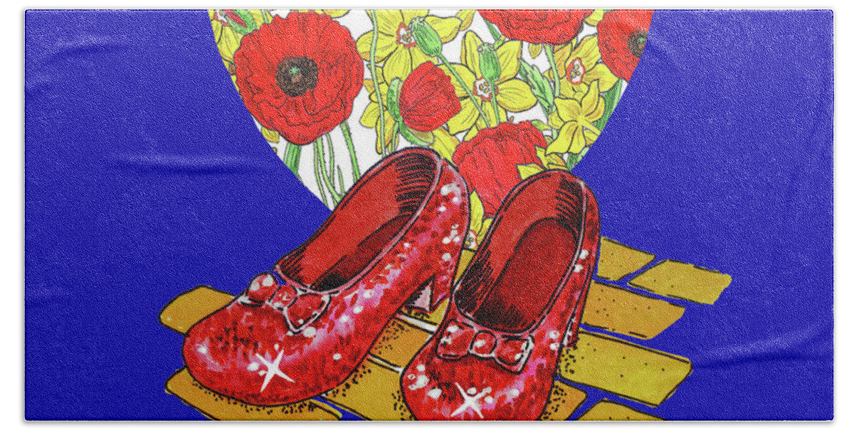 Ruby Slippers Bath Towel featuring the painting Wizard Of Oz Ruby Slippers Heart Of Red Poppies Yellow Brick Road On Blue by Irina Sztukowski