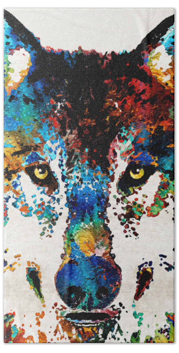 Wolf Bath Towel featuring the painting Wolf Art Print - Hungry - By Sharon Cummings by Sharon Cummings