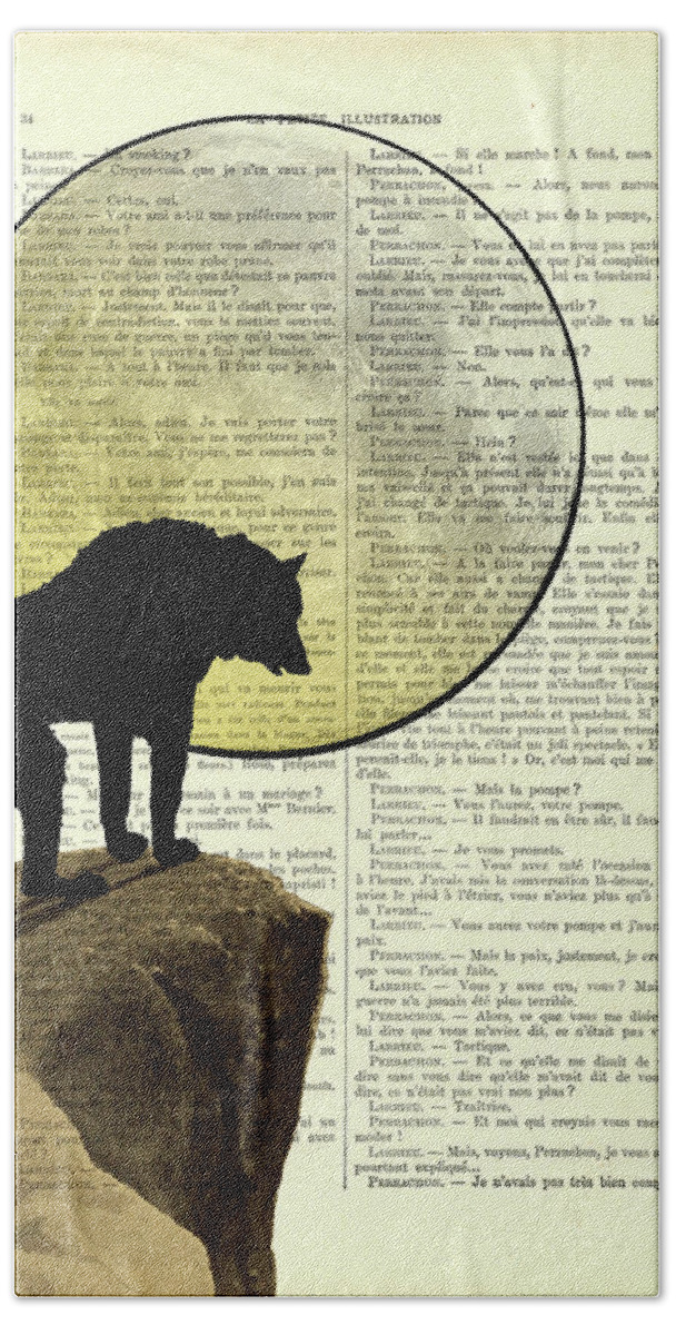 Wolf Bath Towel featuring the mixed media Wolf at full moon dictionary art by Madame Memento