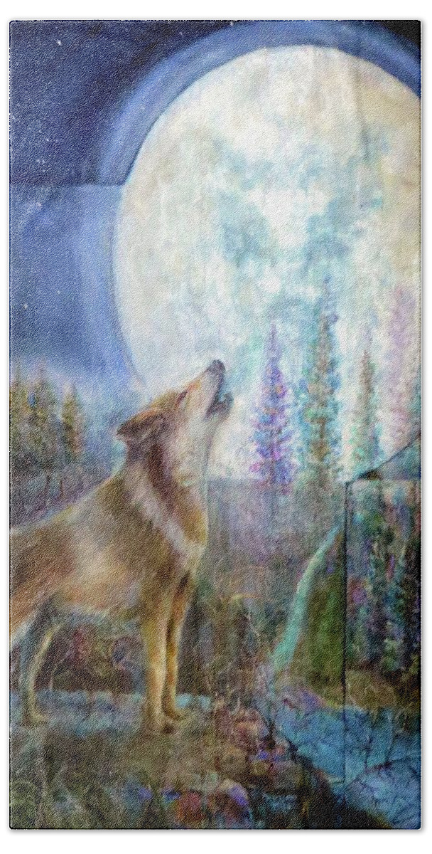Wolf Bath Towel featuring the painting Wolf Howling and Full Moon by Bernadette Krupa